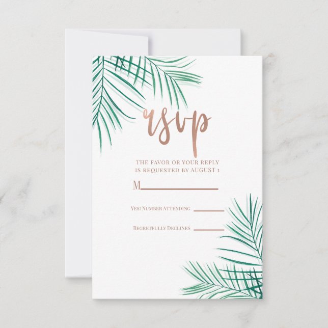 Green Palm Leaves Tropical Elegant Reply RSVP (Front)