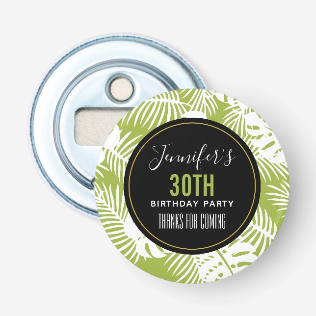Green Palm Leaves Tropical Pattern Birthday Thanks Bottle Opener (Front)