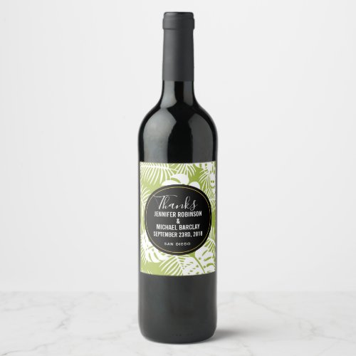 Green Palm Leaves Tropical Pattern Wedding Thanks Wine Label