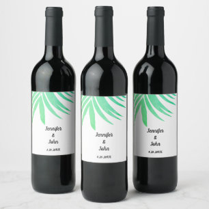 Green Palm Leaves Watercolor Elegant Cool Wedding Wine Label
