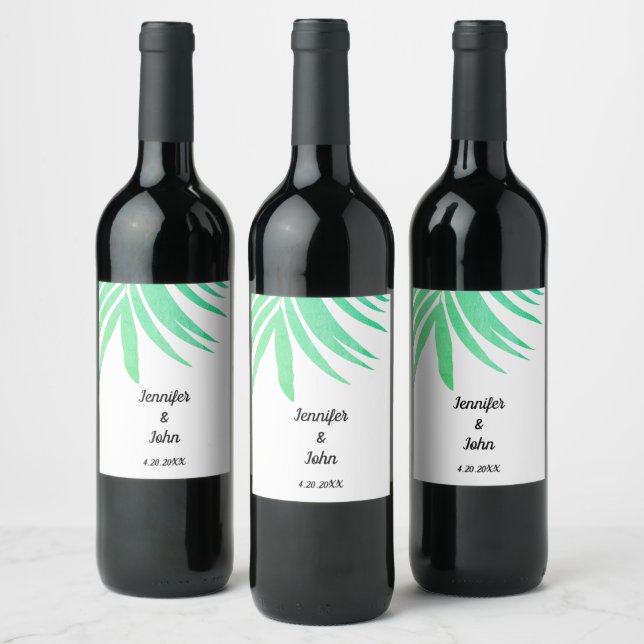 Green Palm Leaves Watercolor Elegant Cool Wedding Wine Label (Bottles)