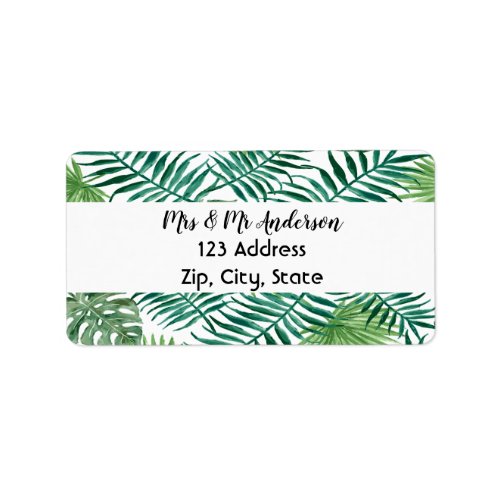 Green palm leaves white return address label