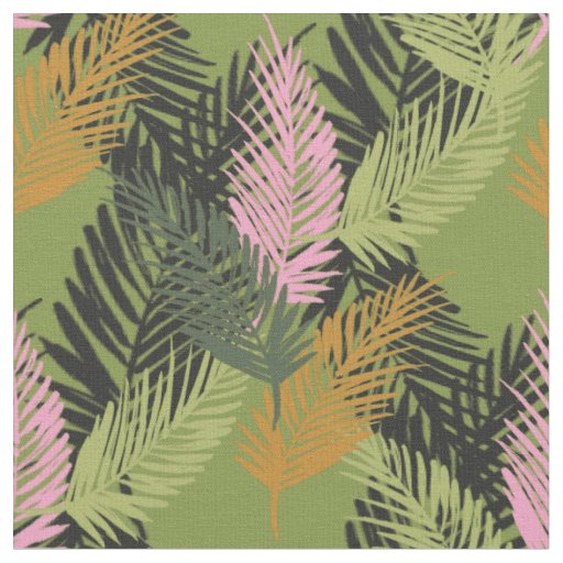 Green Palm Leaves with Mustard and Pink Highlights Fabric