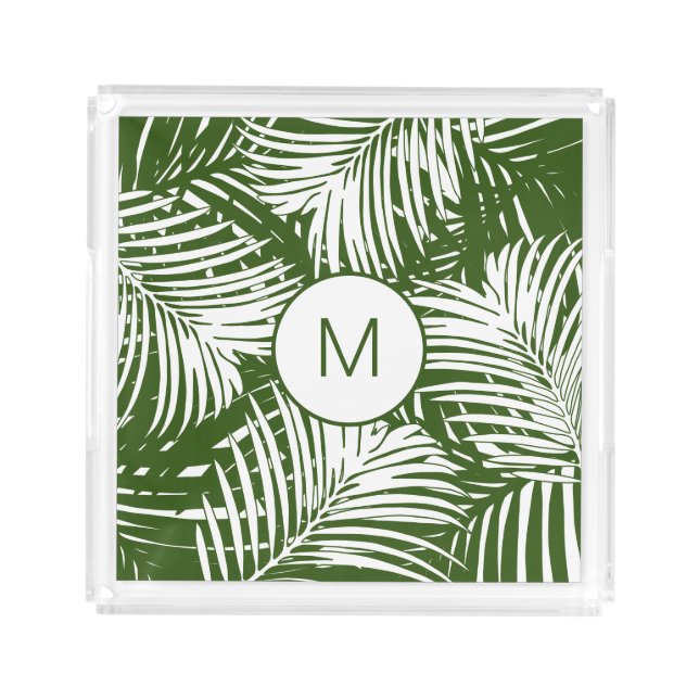 Green Palm Modern Monogrammed Acrylic Tray (Front)