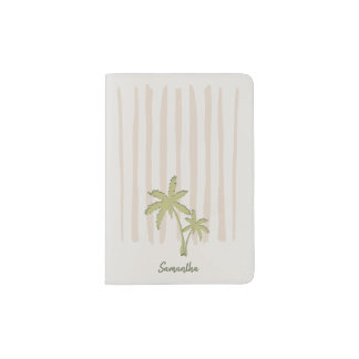Green Palm Pair on Beige Stripes Passport Holder