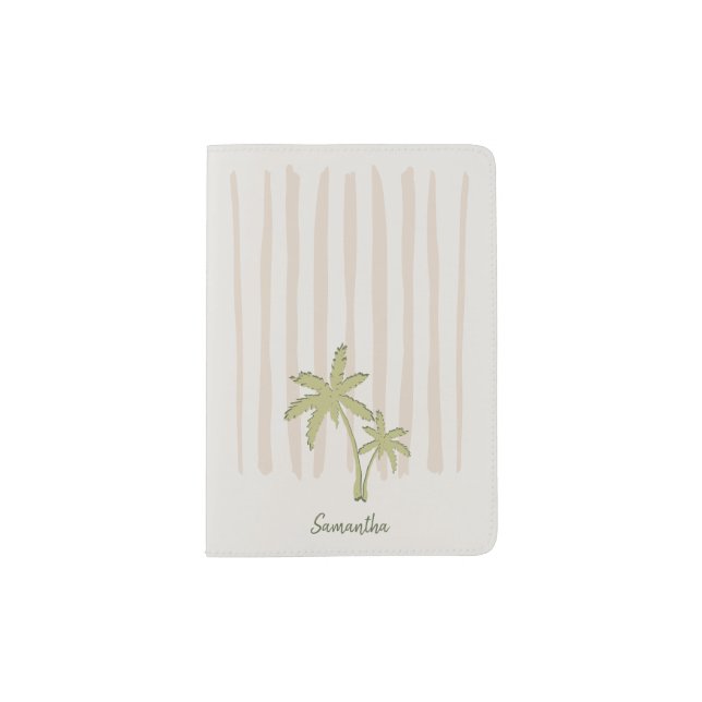 Green Palm Pair on Beige Stripes Passport Holder (Front)