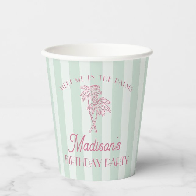 Green Palm Spring Pastel Beach Birthday Party Paper Cups (Front)