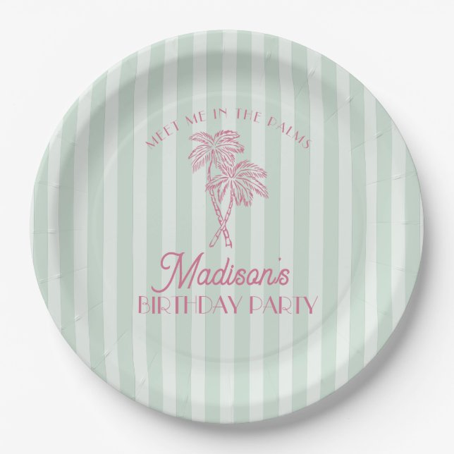 Green Palm Spring Pastel Beach Birthday Party Paper Plates (Front)