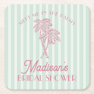 Green Palm Spring Pastel Beach Bridal Shower Square Paper Coaster