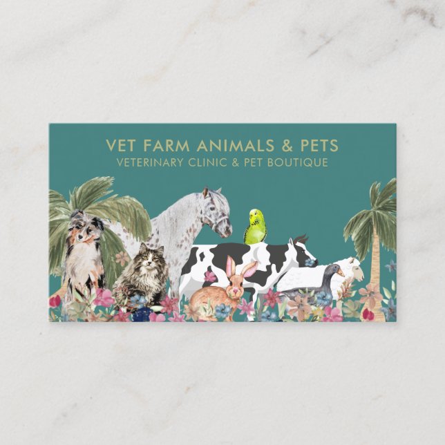 Green Palm Tree Farm Animal Cat Dog Bird Pet Business Card (Front)