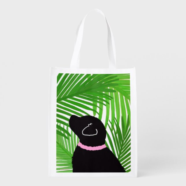 Green Palm Tree Island Black Dog Grocery Bag (Back)