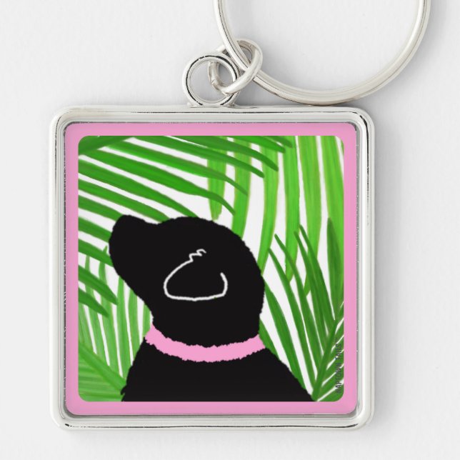Green Palm Tree Island Black Dog Keychain (Front)