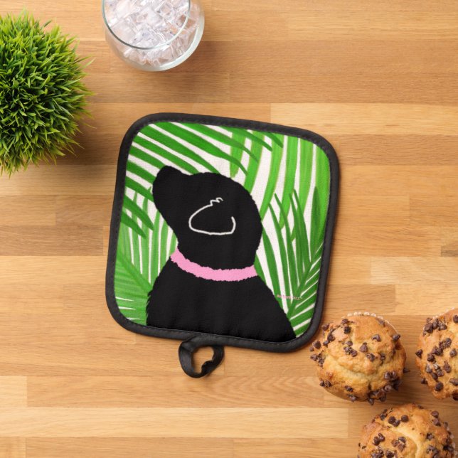 Green Palm Tree Island Black Dog Pot Holder (Top Down)