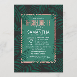 Green Palm Tree Leaf Black Rose Gold Bachelorette Invitation