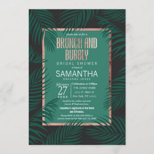 Green Palm Tree Leaf Black Rose Gold Brunch Bubbly Invitation