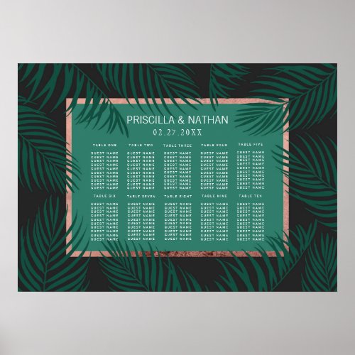 Green Palm Tree Leaf Black Rose Gold Seating Chart