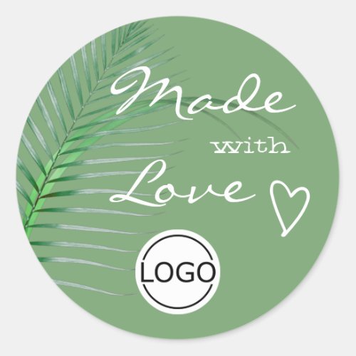 Green Palm Tree Leaf Made with Love Logo Template Classic Round Sticker