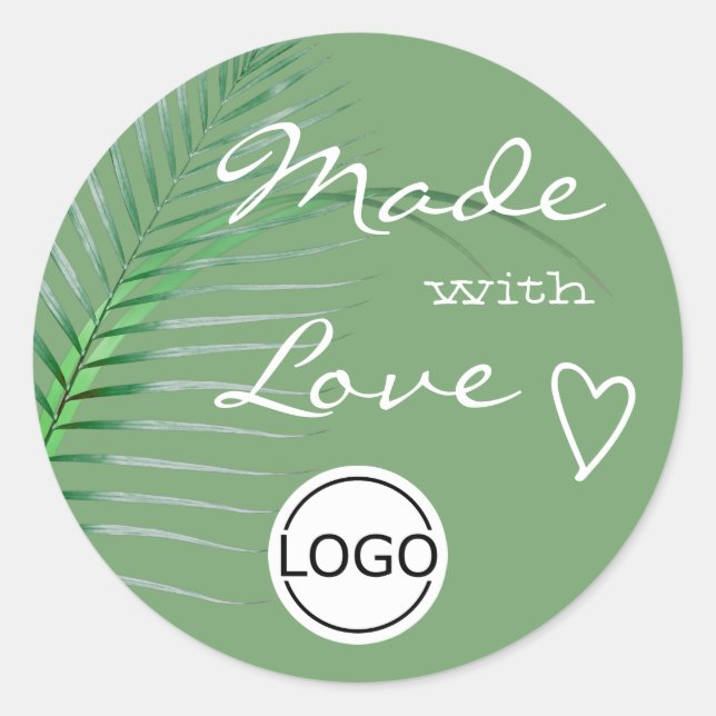Green Palm Tree Leaf Made with Love Logo Template Classic Round Sticker (Front)