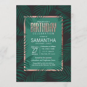 Green Palm Tree Leaves Black Rose Gold Birthday Invitation