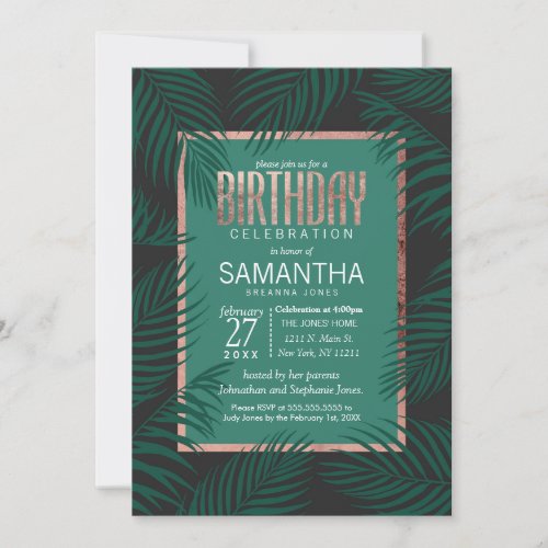 Green Palm Tree Leaves Black Rose Gold Birthday Invitation