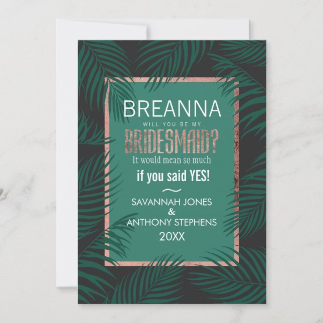 Green Palm Tree Leaves Black Rose Gold Bridesmaids Invitation (Front)