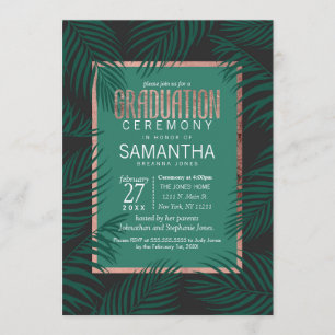 Green Palm Tree Leaves Black Rose Gold Graduation Invitation
