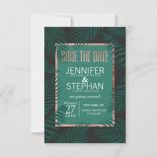 Green Palm Tree Leaves Black Rose Gold Save The Date