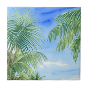 Green Palm Tree Leaves Blue Sky Watercolor Ceramic Tile