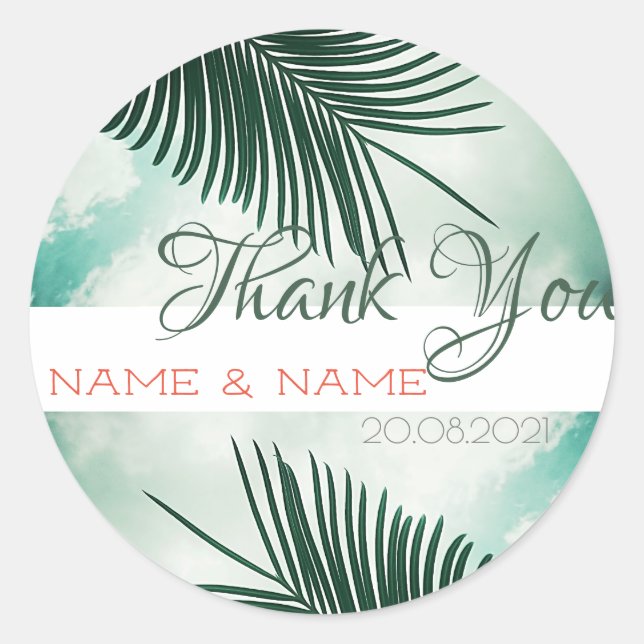 Green Palm Tree Leaves Thank You Wedding Sticker (Front)