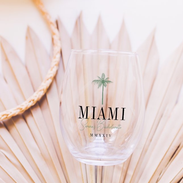 Green Palm Tree Personalized Bachelorette Party Stemless Wine Glass (Creator Uploaded)