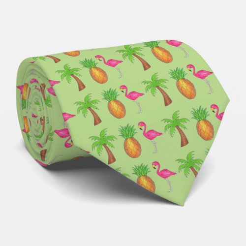 Green Palm Tree Pineapple Flamingo Tropical Print Tie