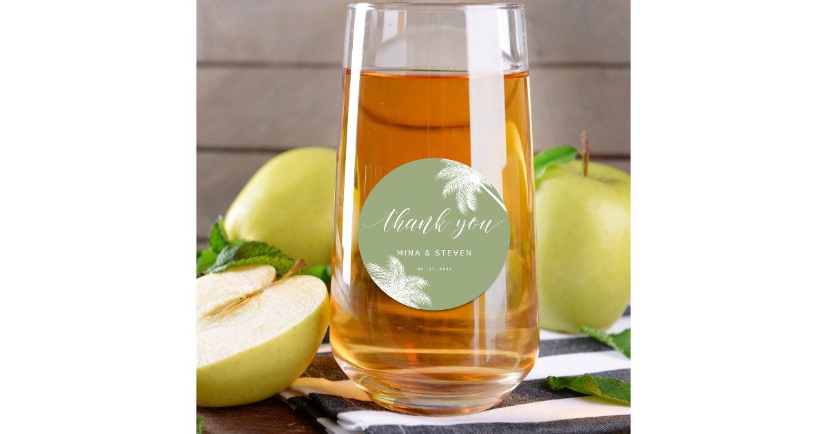 green palm tree tropical thank you wedding classic round sticker | Zazzle