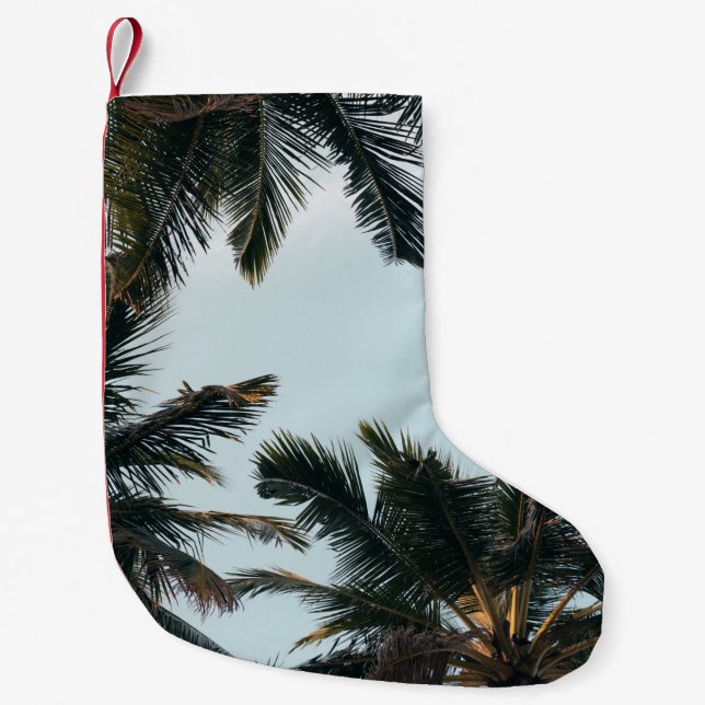 Green palm tree under white sky in the morning small christmas stocking (Front)