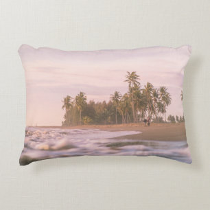 GREEN PALM TREES ON BROWN SAND UNDER WHITE CLOUDS ACCENT PILLOW