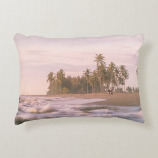 GREEN PALM TREES ON BROWN SAND UNDER WHITE CLOUDS ACCENT PILLOW