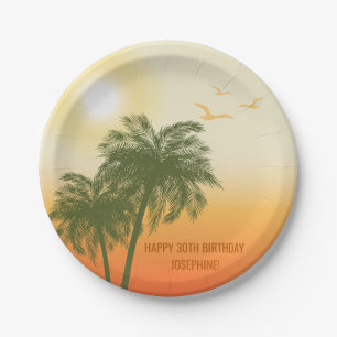 Green Palm Trees Orange Sunset Tropical Birthday Paper Plates