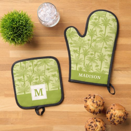 Green Palm Trees Pattern Oven Mitt  Pot Holder Set