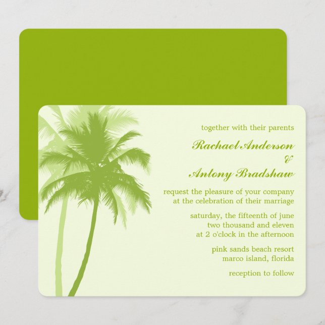 Green Palm Trees Tropical Beach Wedding Invitation (Front/Back)