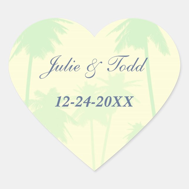 Green Palm Trees Tropical Wedding Heart Sticker (Front)