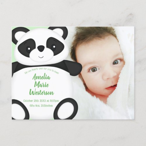 Green Panda Bear Baby Birth Announcement Postcard