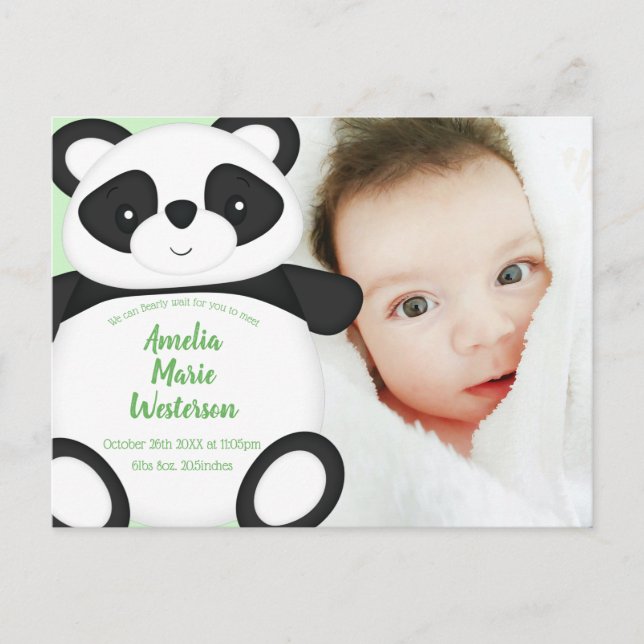 Green Panda Bear Baby Birth Announcement Postcard (Front)