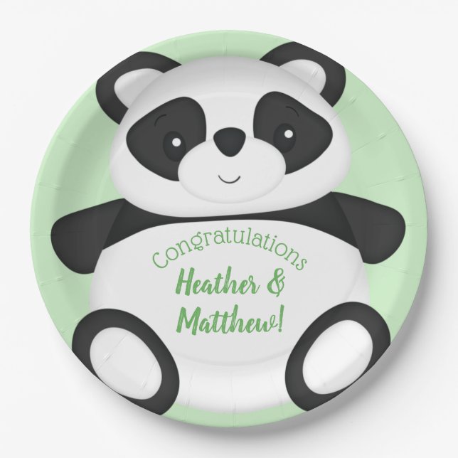 Green Panda Bear Baby Shower Paper Plates (Front)