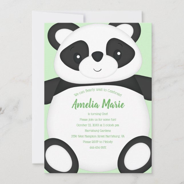 Green Panda Bear Birthday Party Invitation (Front)