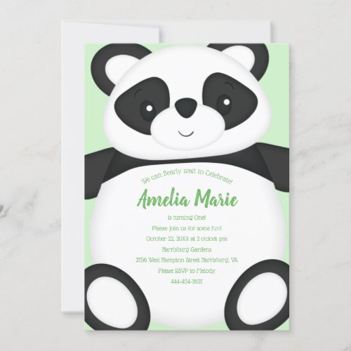 Green Panda Bear Birthday Party Invitation