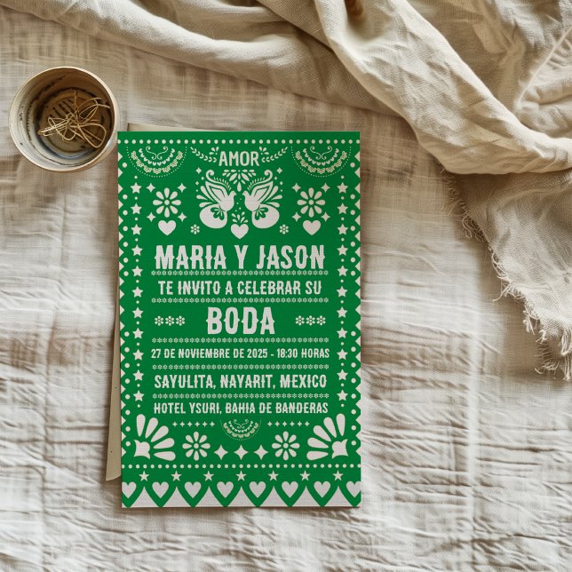 Green Papel Picado Fiesta Folk Art Spanish Wedding Invitation (Green Papel Picado Fiesta Folk Art Spanish Wedding Invitation)