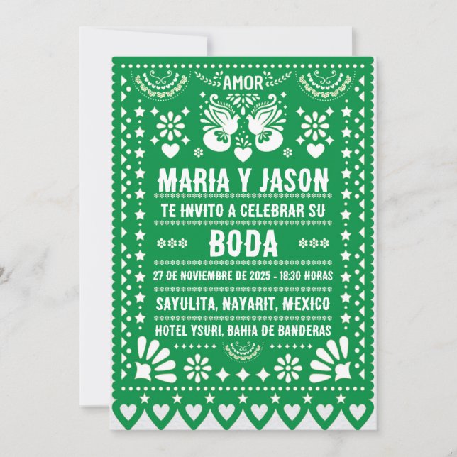 Green Papel Picado Fiesta Folk Art Spanish Wedding Invitation (Front)