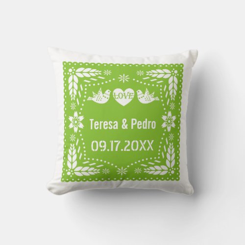 Green papel picado love birds wedding fiesta  throw pillow