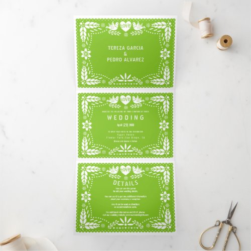 Green papel picado love birds wedding Tri_Fold invitation