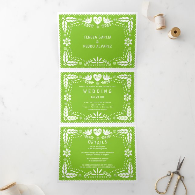 Green papel picado love birds wedding Tri-Fold invitation (Inside)