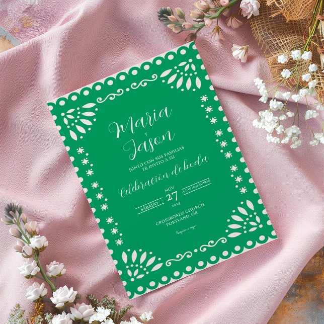 Green Papel Picado Traditional Spanish Wedding Invitation (Green Papel Picado Traditional Spanish Wedding Invitation)